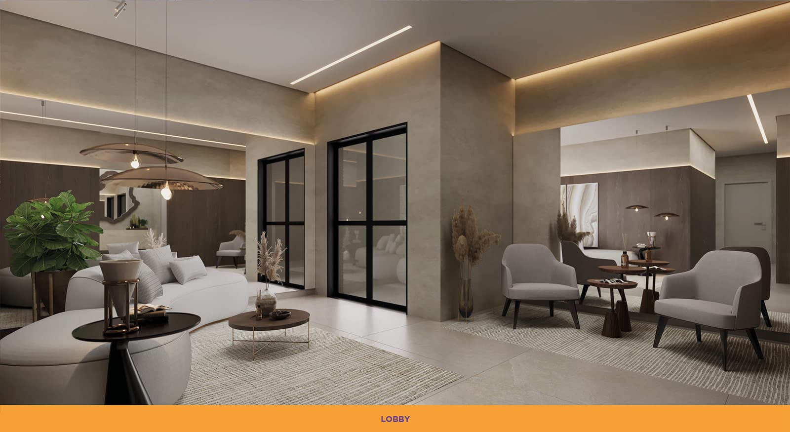 Lobby de entrada com design moderno e acolhedor